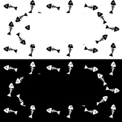 a border made of the silhouette of a fish skeleton. horizontal template from the skeleton of a lot of small fish in the style of a doodle, a set of black and white isolated outline with an empty space