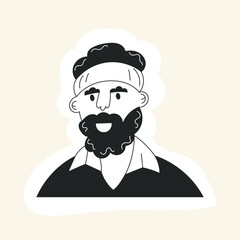 Doodle man face avatar with mustache beard and haircut. Hipster guy portrait sticker with trendy hair. Hand drawn black and white flat vector illustration. Fashion bearded man face icon