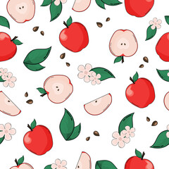 Seamless Apple with Leaves and Flowers Pattern on transparent background