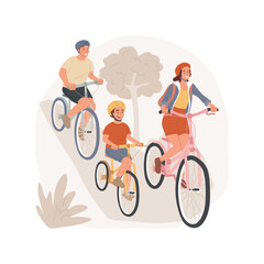 Naklejka premium Family cycling isolated cartoon vector illustration Family travel, parent and kid on two bikes, active lifestyle, cycling in nature together, outdoor recreation, riding bicycle vector cartoon.