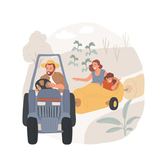 Farm tractor train ride isolated cartoon vector illustration Tractor pulling colorful wagons, happy family sitting in small train carriage, farm, day trip, riding in the fields vector cartoon.