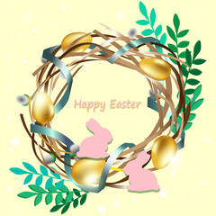 postcard greeting card with easter bunny wreath and eggs greens and ribbon