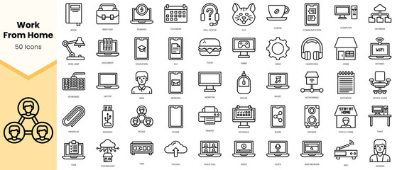 Fototapeta na wymiar Simple Outline Set of work from home icons. Linear style icons pack. Vector illustration