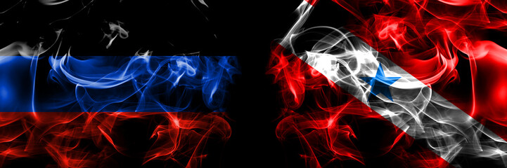 Donetsk People's Republic vs Brazil, Brazilian, Para flag. Smoke flags placed side by side isolated on black background.