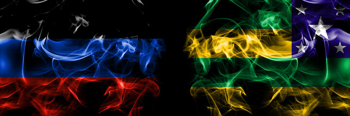 Donetsk People's Republic vs Brazil, Brazilian, Sergipe flag. Smoke flags placed side by side isolated on black background.