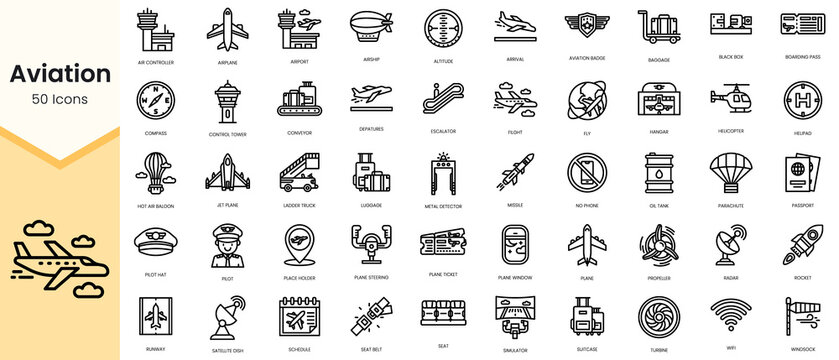 Simple Outline Set of aviation icons. Linear style icons pack. Vector illustration