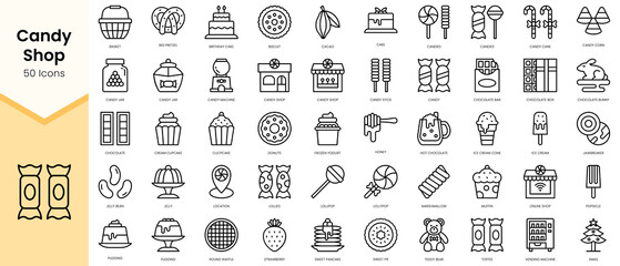 Fototapeta na wymiar Simple Outline Set of candy shop icons. Linear style icons pack. Vector illustration