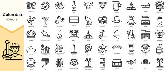 Simple Outline Set of colombia icons. Linear style icons pack. Vector illustration - obrazy, fototapety, plakaty