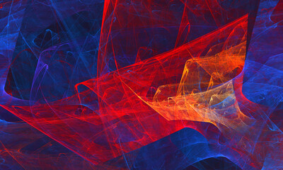 Bright 3d artwork illustrating dynamic blue red orange multilayered membrane, shroud or veil in. Digital painting. Neon vivid folds and layers. Great as backdrop, cover, print for electronics, poster. - 488872520