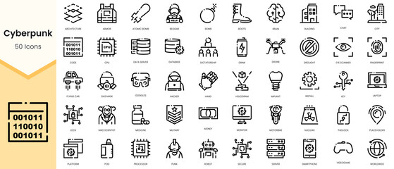 Simple Outline Set of Cyberpunk icons. Linear style icons pack. Vector illustration
