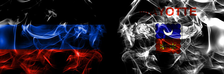 Donetsk People's Republic vs France, French, Mayotte flag. Smoke flags placed side by side isolated on black background.