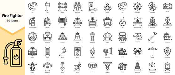 Simple Outline Set of fire fighter icons. Linear style icons pack. Vector illustration