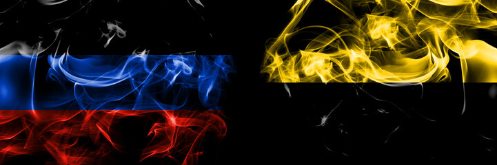 Donetsk People's Republic vs Germany, Saxony Anhalt flag. Smoke flags placed side by side isolated on black background.