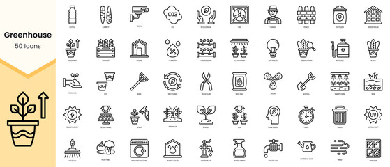 Simple Outline Set of greenhouse icons. Linear style icons pack. Vector illustration