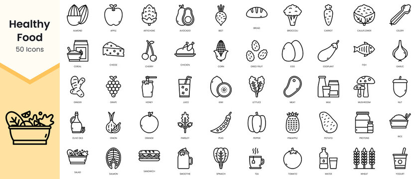 Simple Outline Set of healthy food icons. Linear style icons pack. Vector illustration