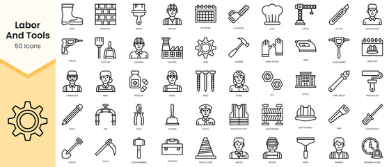 Obraz premium Simple Outline Set of labor and tools icons. Linear style icons pack. Vector illustration