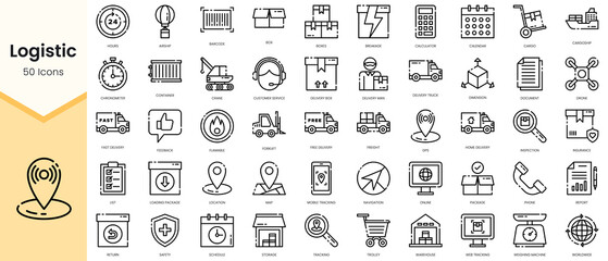 Obraz na płótnie Canvas Simple Outline Set of logistic icons. Linear style icons pack. Vector illustration