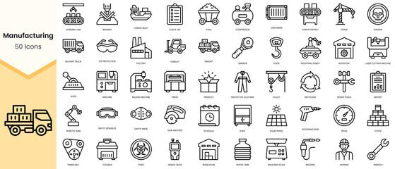 Simple Outline Set of manufacturing icons. Linear style icons pack. Vector illustration