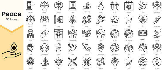 Simple Outline Set of peace icons. Linear style icons pack. Vector illustration