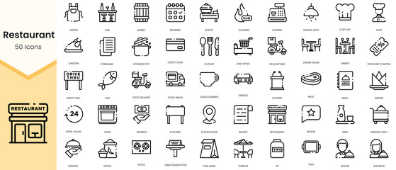 Obraz na płótnie Canvas Simple Outline Set of restaurant icons. Linear style icons pack. Vector illustration