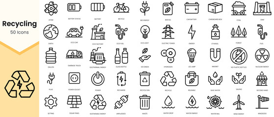 Fototapeta na wymiar Simple Outline Set of recycling icons. Linear style icons pack. Vector illustration