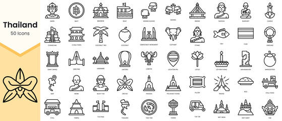 Simple Outline Set of thailand icons. Linear style icons pack. Vector illustration - obrazy, fototapety, plakaty