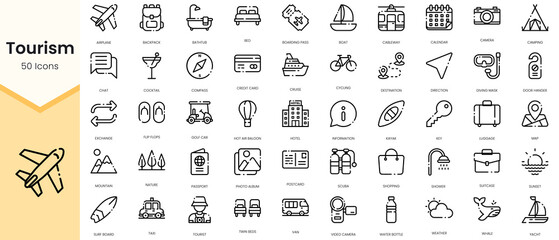 Simple Outline Set of tourism icons. Linear style icons pack. Vector illustration