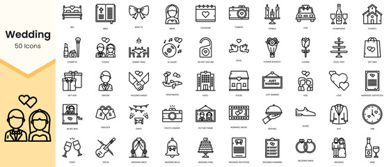 Fototapeta na wymiar Simple Outline Set of wedding icons. Linear style icons pack. Vector illustration