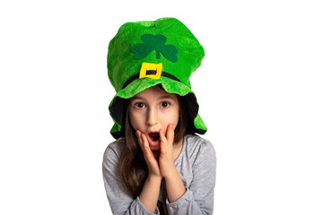 patrick's day. little girl in a green hat on a white background
