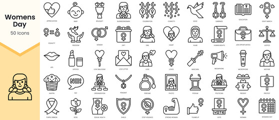 Simple Outline Set of womens day icons. Linear style icons pack. Vector illustration
