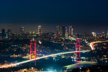Istanbul Bosphorus Bridge at night. 15th July Martyrs Bridge. Night view from Camlica Hill....