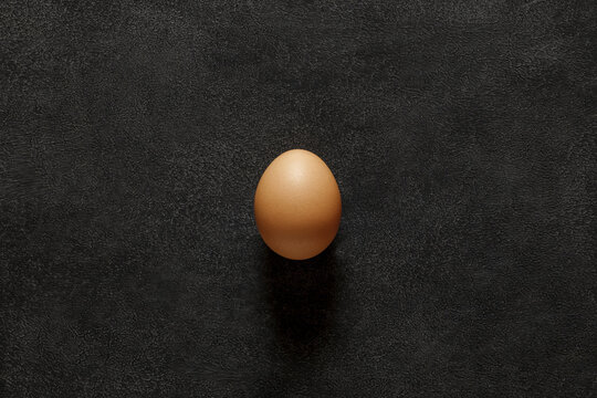  Egg one chicken whole, centered on dark background, top view, space to copy text.