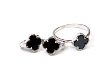  ring and earrings with black enamel isolated on white background- Image