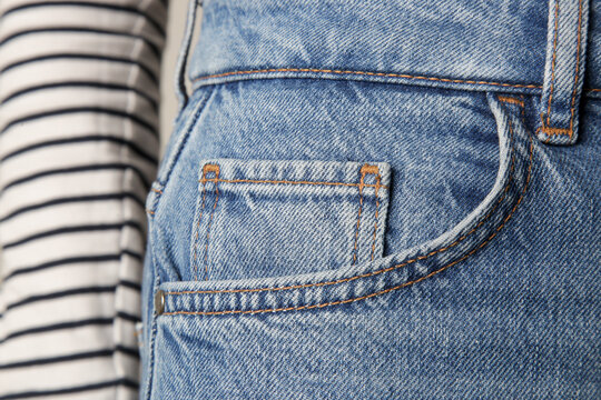 Tiny Front Pocket On Denim Pants, Close Up.