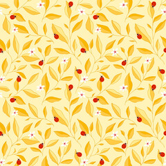 Seamless pattern with leaves, ladybugs and flowers. Cute vector floral background.