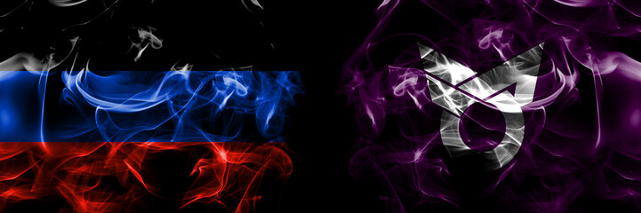 Donetsk People's Republic vs Japan, Japanese, Ashoro, Hokkaido, Tokachi, Subprefecture flag. Smoke flags placed side by side isolated on black background.