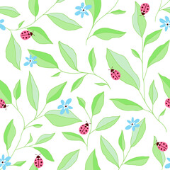 Seamless pattern with leaves, ladybugs and flowers. Cute vector floral background.