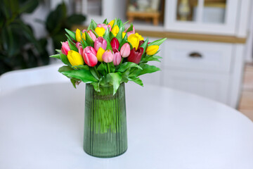 tulips in vase, bouquet of tulips, bouquet of tulips in vase, morning, bright flowers, colorful flowers, 