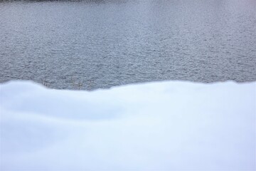 Snow and river. Cold river in winter. River flow and snowdrift. Snowdrift and water.