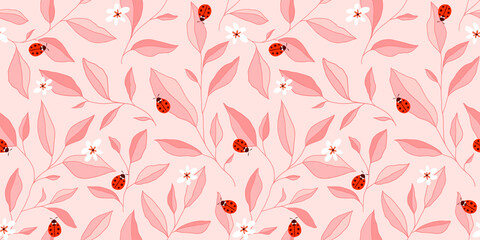 Seamless pattern with leaves, ladybugs and flowers. Cute vector floral background. © Oleksandra