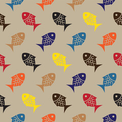 Colorful Scandinavian fish pattern. Mid century modern folk art, nautical decor background.