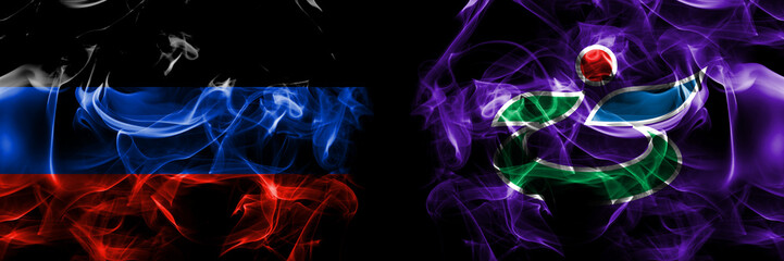 Donetsk People's Republic vs Japan, Japanese, Hidaka, Hokkaido, Hidaka, Subprefecture flag. Smoke flags placed side by side isolated on black background.