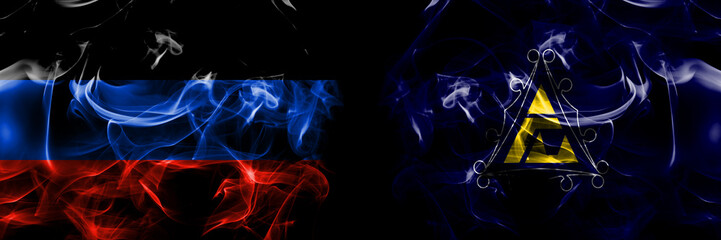Donetsk People's Republic vs Japan, Japanese, Hiroo, Hokkaido, Tokachi, Subprefecture flag. Smoke flags placed side by side isolated on black background.