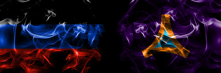 Donetsk People's Republic vs Japan, Japanese, Kamoenai, Hokkaido, Shiribeshi, Subprefecture flag. Smoke flags placed side by side isolated on black background.