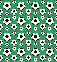 Soccer ball pattern on green background, seamless template design.