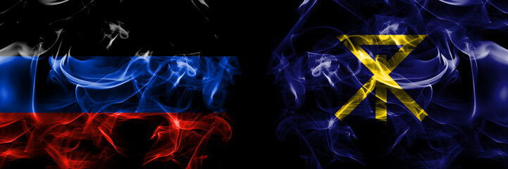 Donetsk People's Republic vs Japan, Japanese, Osaka flag. Smoke flags placed side by side isolated on black background.