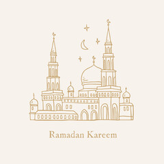 Arab mosque building with minaret towers. Night sky with moon, stars. Muslim holiday Ramadan Kareem greeting card, invitation. Hand drawn golden line art vector illustration. Eid ul Fitr doodle sketch