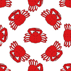 seamless pattern of red crab. a drawing of a marine animal from a whole crab, drawn in the style of a sketch, top view, with pincers tucked in red, located in different directions on white for a desig