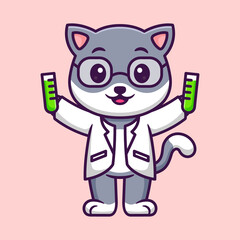 Cute Cat as a Scientist Professor in Cartoon. Premium Vector Illustration. Flat Style Concept.