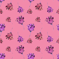 Floral seamless pattern made of roses. Acrilic painting with pink flower buds on coral background. Botanical illustration for fabric and textile. Decorative element for design.
